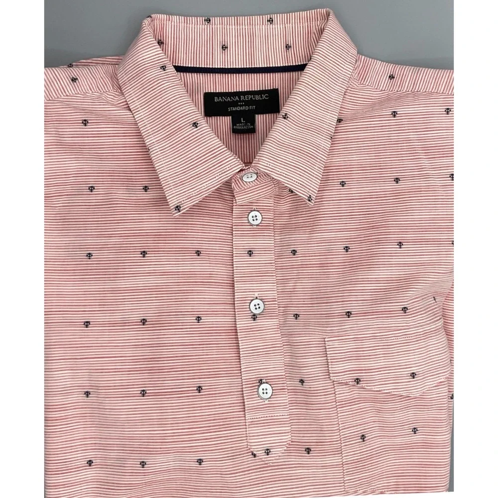 Banana Republic Mens Short Sleeve‎ Shirt Red White Striped Micro Anchor Print L